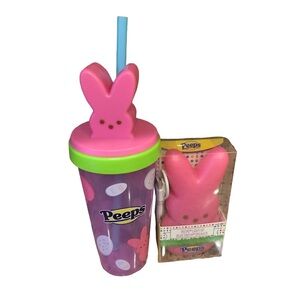 Peeps Tumbler Pink Plastic Cup Green Lid Blue Straw & Pink Bluetooth Speaker,New